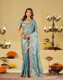 Sky Blue Designer Fendy Satin Saree with Floral Embroidered Border & Intricate Thread Work | Elegant Festive Party Wear Saree