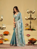 Sky Blue Designer Fendy Satin Saree with Floral Embroidered Border & Intricate Thread Work | Elegant Festive Party Wear Saree