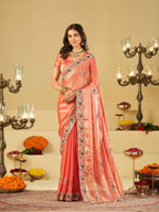Coral Peach Designer Fendy Satin Saree with Floral Embroidered Border & Elegant Thread Work | Premium Festive Party Wear Saree