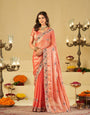 Coral Peach Designer Fendy Satin Saree with Floral Embroidered Border & Elegant Thread Work | Premium Festive Party Wear Saree