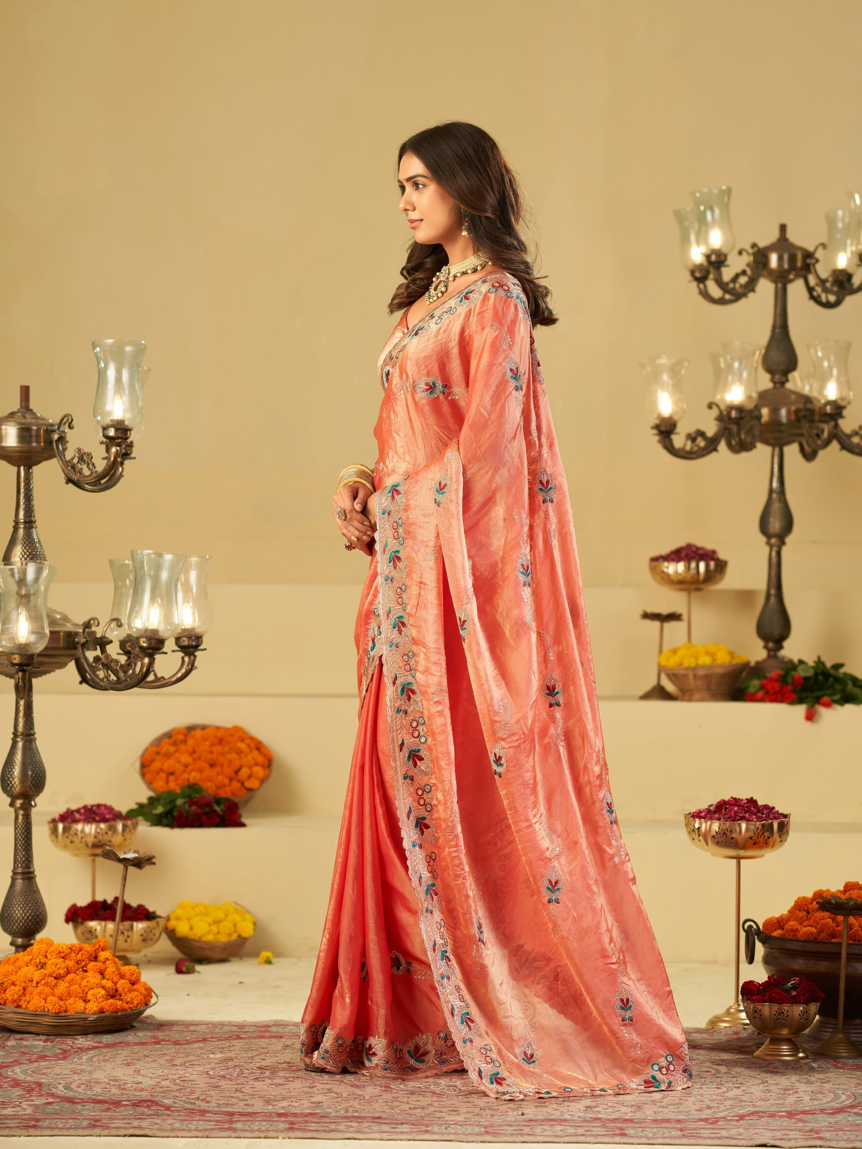 Coral Peach Designer Fendy Satin Saree with Floral Embroidered Border & Elegant Thread Work | Premium Festive Party Wear Saree