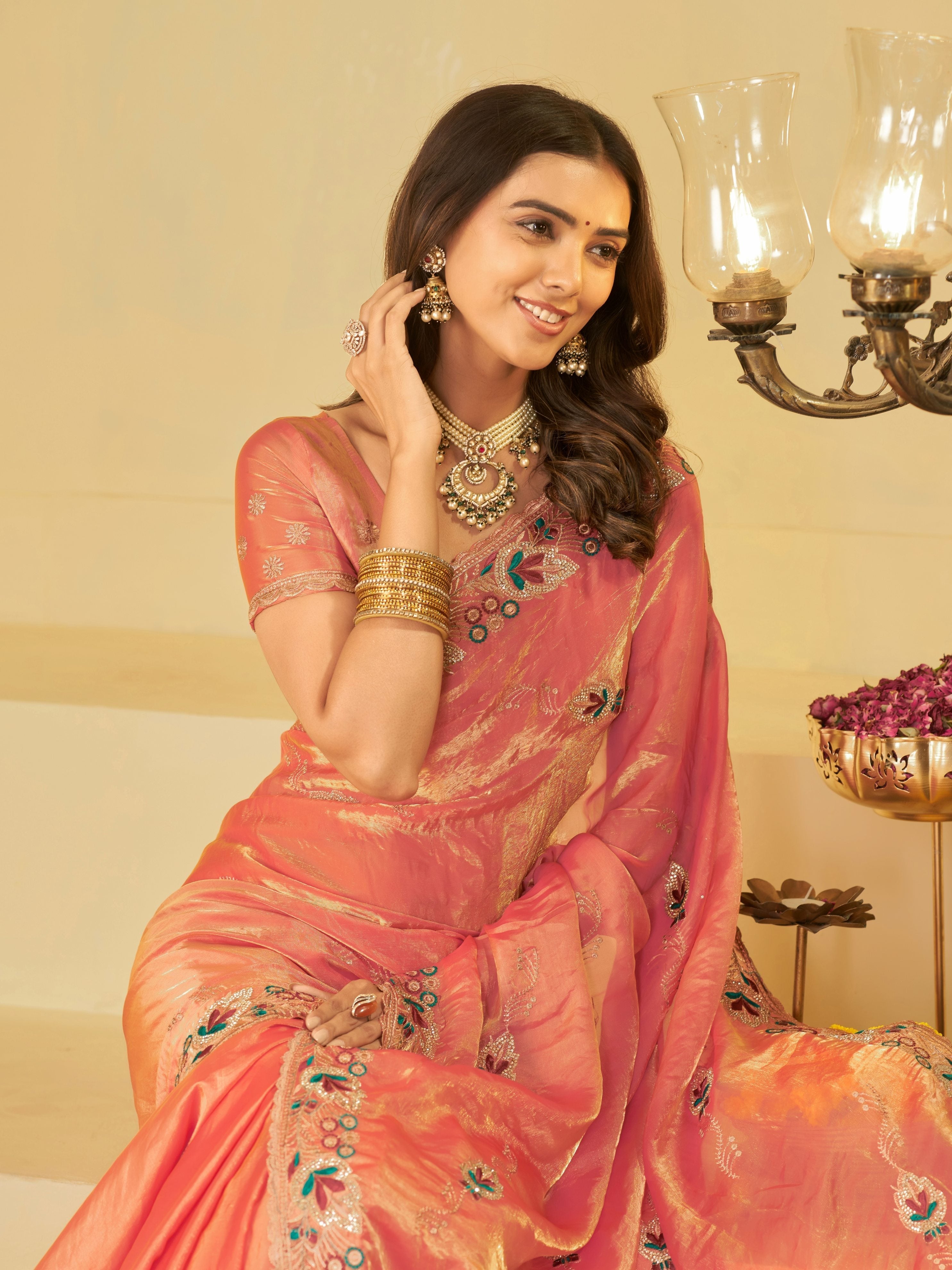 Coral Peach Designer Fendy Satin Saree with Floral Embroidered Border & Elegant Thread Work | Premium Festive Party Wear Saree