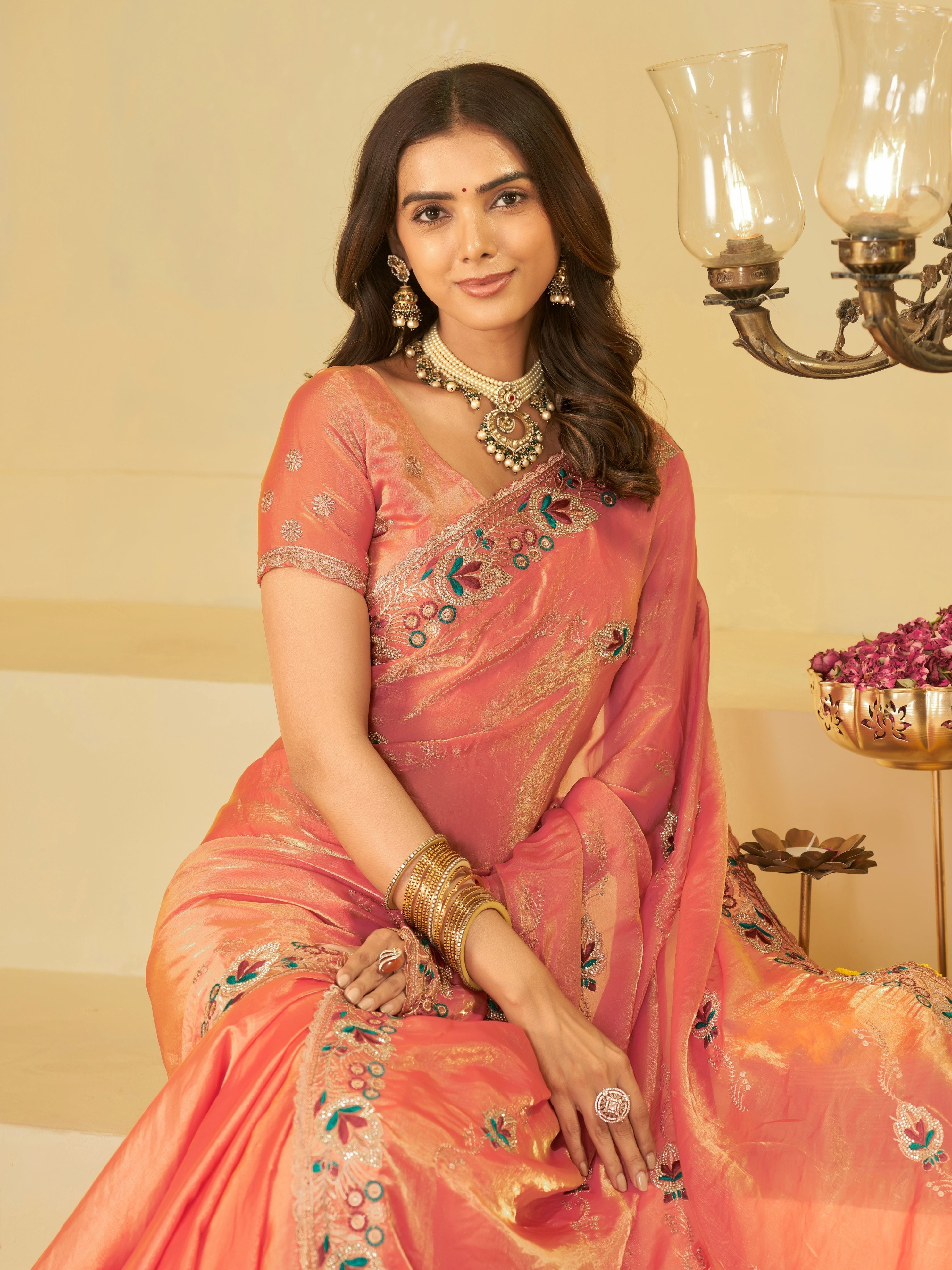 Coral Peach Designer Fendy Satin Saree with Floral Embroidered Border & Elegant Thread Work | Premium Festive Party Wear Saree