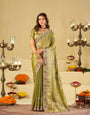 Olive Green Designer Fendy Satin Saree with Floral Embroidered Border & Multicolor Thread Work | Premium Festive Party Wear Saree