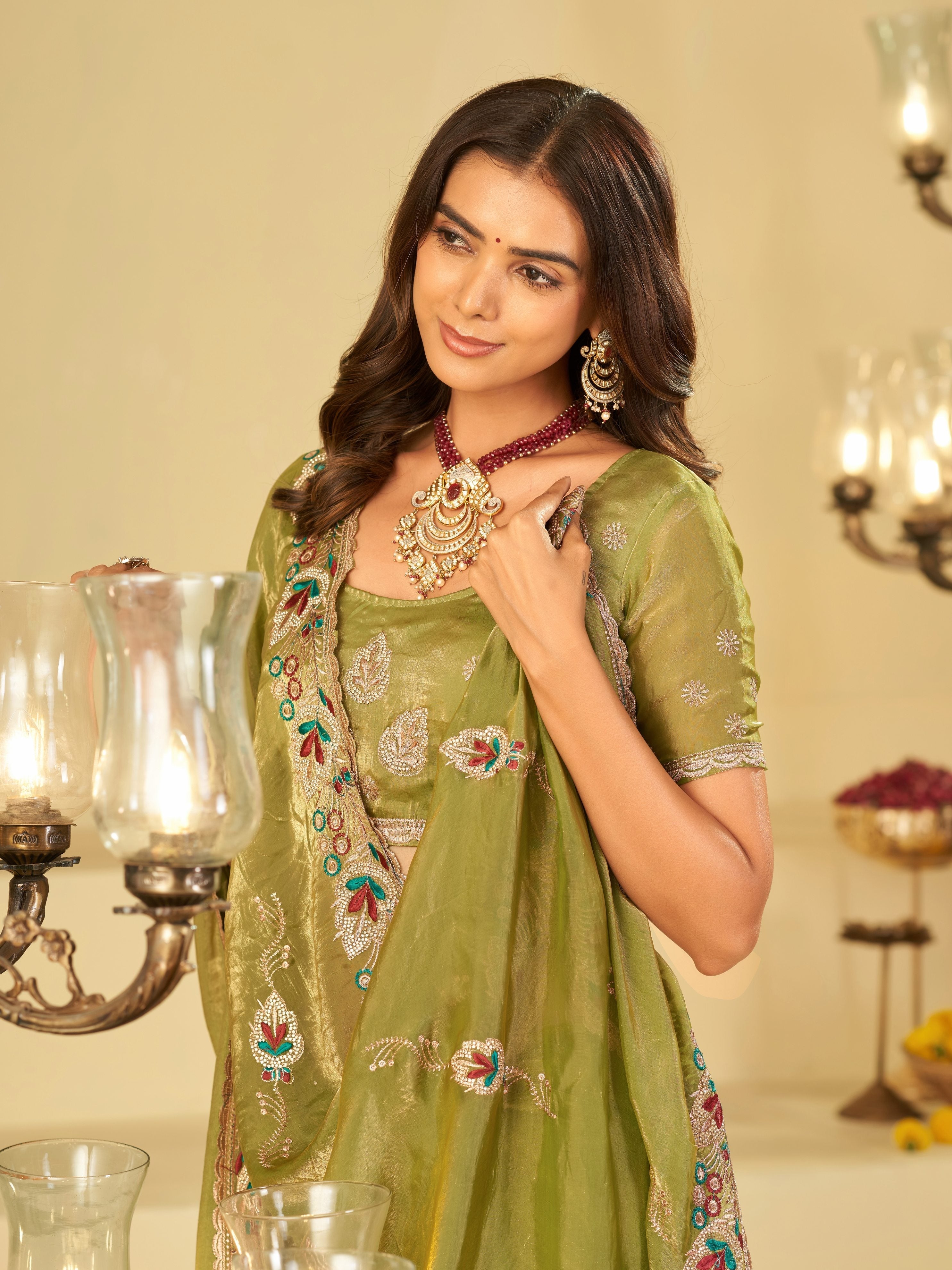 Olive Green Designer Fendy Satin Saree with Floral Embroidered Border & Multicolor Thread Work | Premium Festive Party Wear Saree