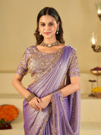 Lavender Designer Fendy Satin Saree with Heavy Embroidered Blouse & Sequin Border | Premium Wedding & Festive Wear Saree