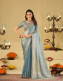 Sky Blue Designer Fendy Satin Saree with Heavy Embroidered Blouse & Sequin Border | Elegant Festive & Wedding Saree