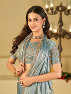 Sky Blue Designer Fendy Satin Saree with Heavy Embroidered Blouse & Sequin Border | Elegant Festive & Wedding Saree