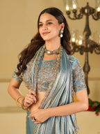 Sky Blue Designer Fendy Satin Saree with Heavy Embroidered Blouse & Sequin Border | Elegant Festive & Wedding Saree