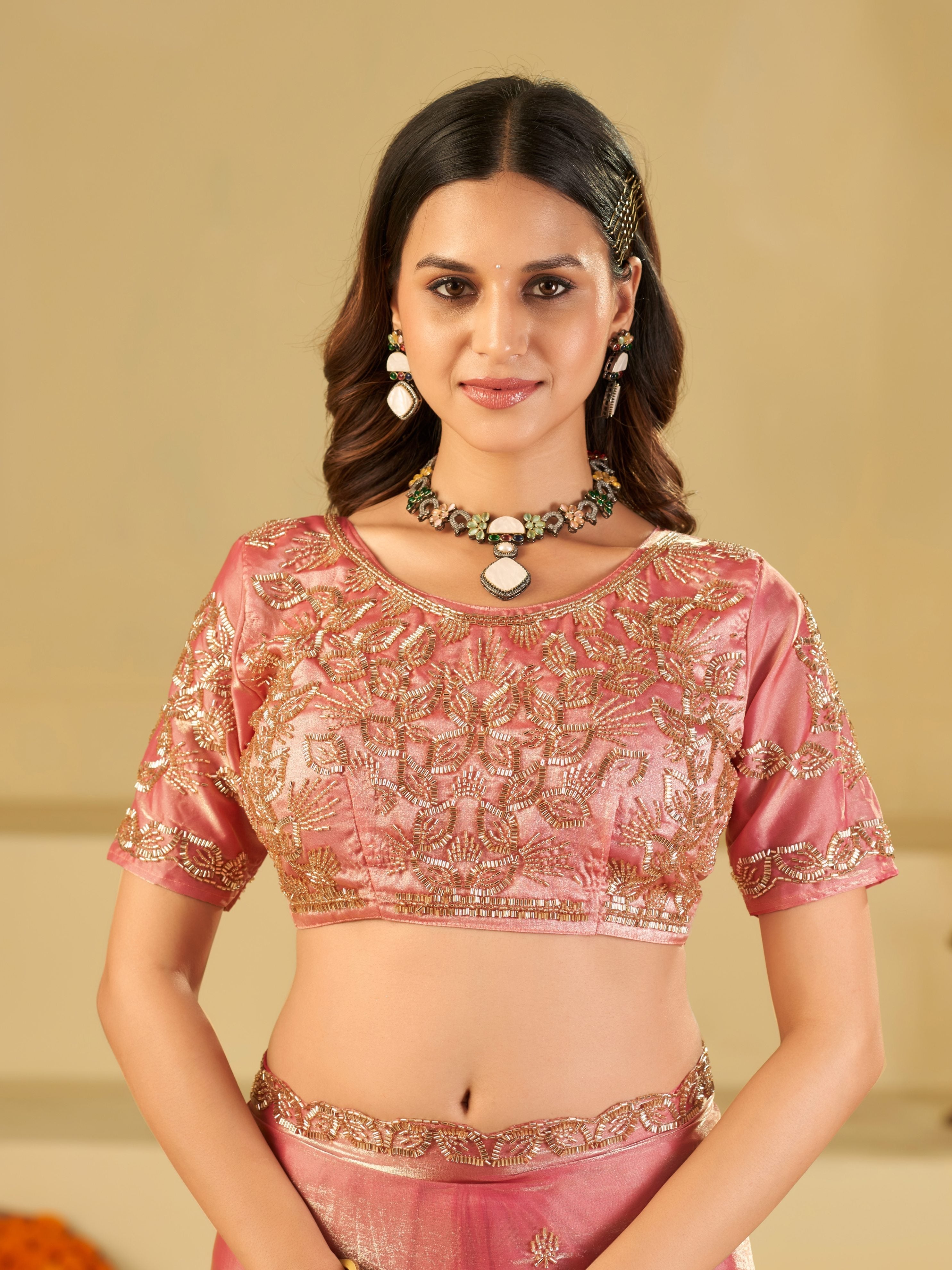 Baby Pink Designer Fendy Satin Saree with Heavy Embroidered Blouse & Sequin Border | Premium Wedding & Festive Saree