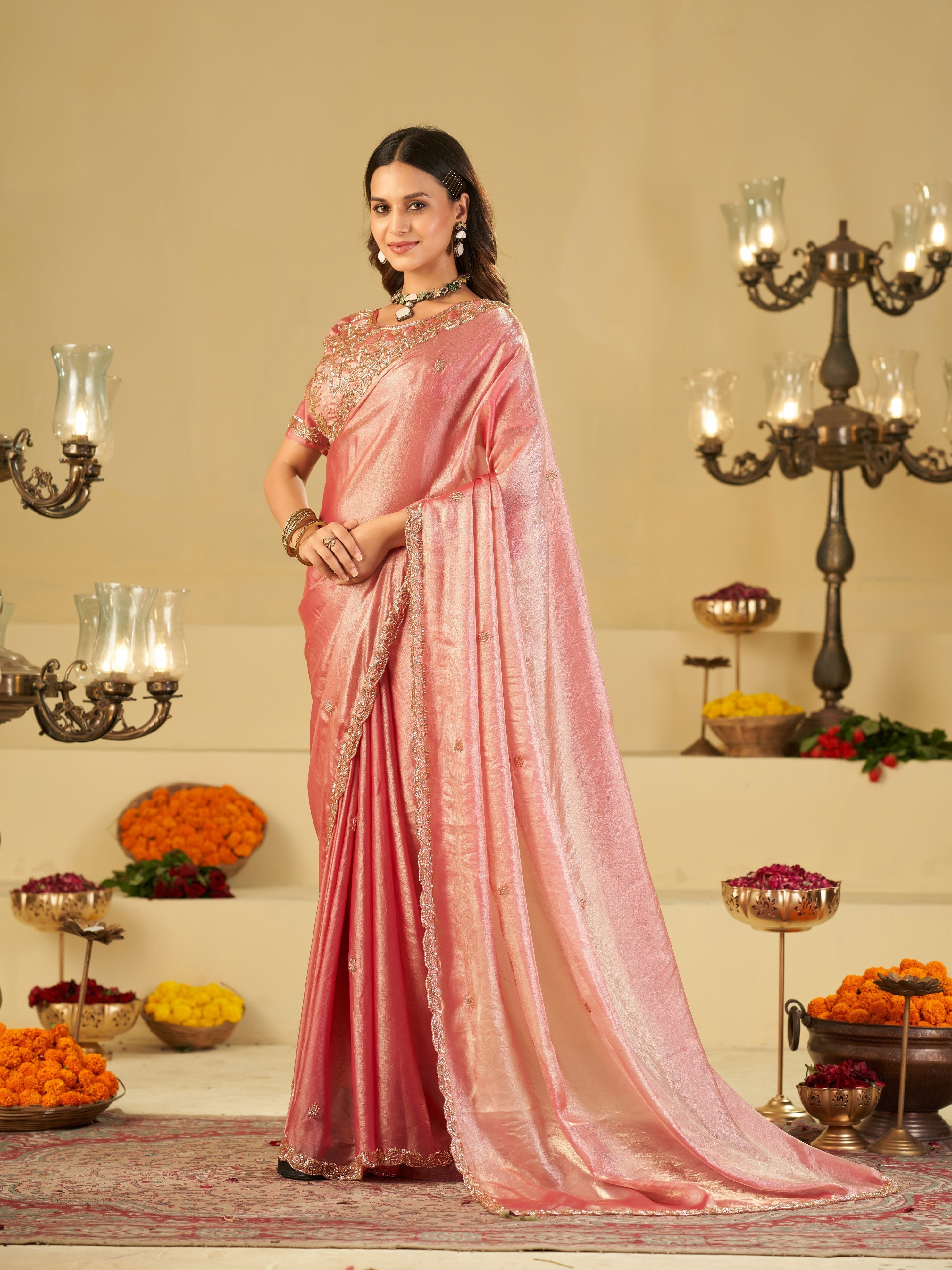 Baby Pink Designer Fendy Satin Saree with Heavy Embroidered Blouse & Sequin Border | Premium Wedding & Festive Saree