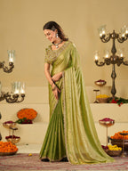 Pista Green Designer Fendy Satin Saree with Heavy Embroidered Blouse & Sequin Border | Premium Festive Wedding Saree