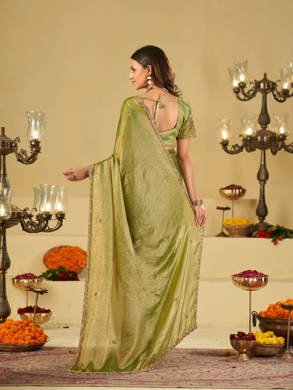 Pista Green Designer Fendy Satin Saree with Heavy Embroidered Blouse & Sequin Border | Premium Festive Wedding Saree