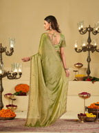 Pista Green Designer Fendy Satin Saree with Heavy Embroidered Blouse & Sequin Border | Premium Festive Wedding Saree