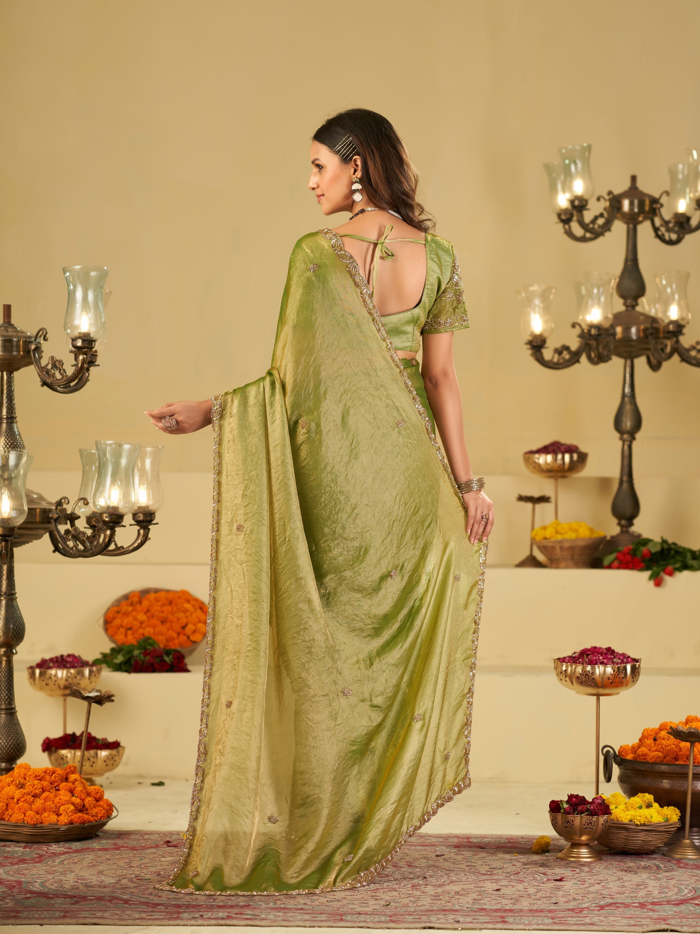 Pista Green Designer Fendy Satin Saree with Heavy Embroidered Blouse & Sequin Border | Premium Festive Wedding Saree