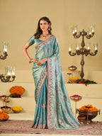 Sky Blue Designer Fendy Satin Saree with Floral Embroidered Border & Elegant Thread Work | Premium Festive Party Wear Saree