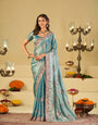 Sky Blue Designer Fendy Satin Saree with Floral Embroidered Border & Elegant Thread Work | Premium Festive Party Wear Saree