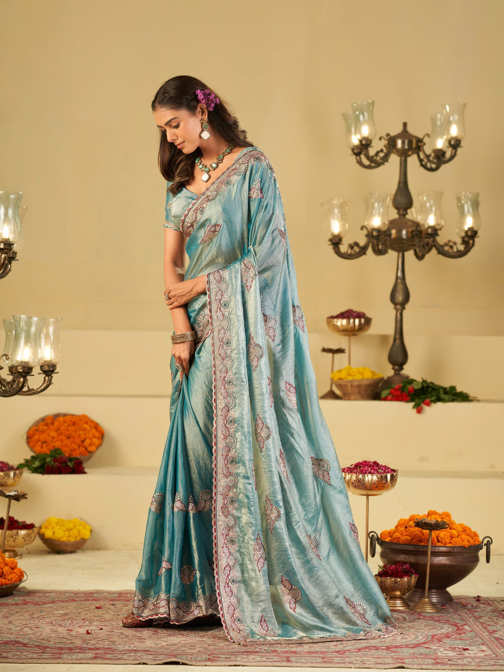 Sky Blue Designer Fendy Satin Saree with Floral Embroidered Border & Elegant Thread Work | Premium Festive Party Wear Saree