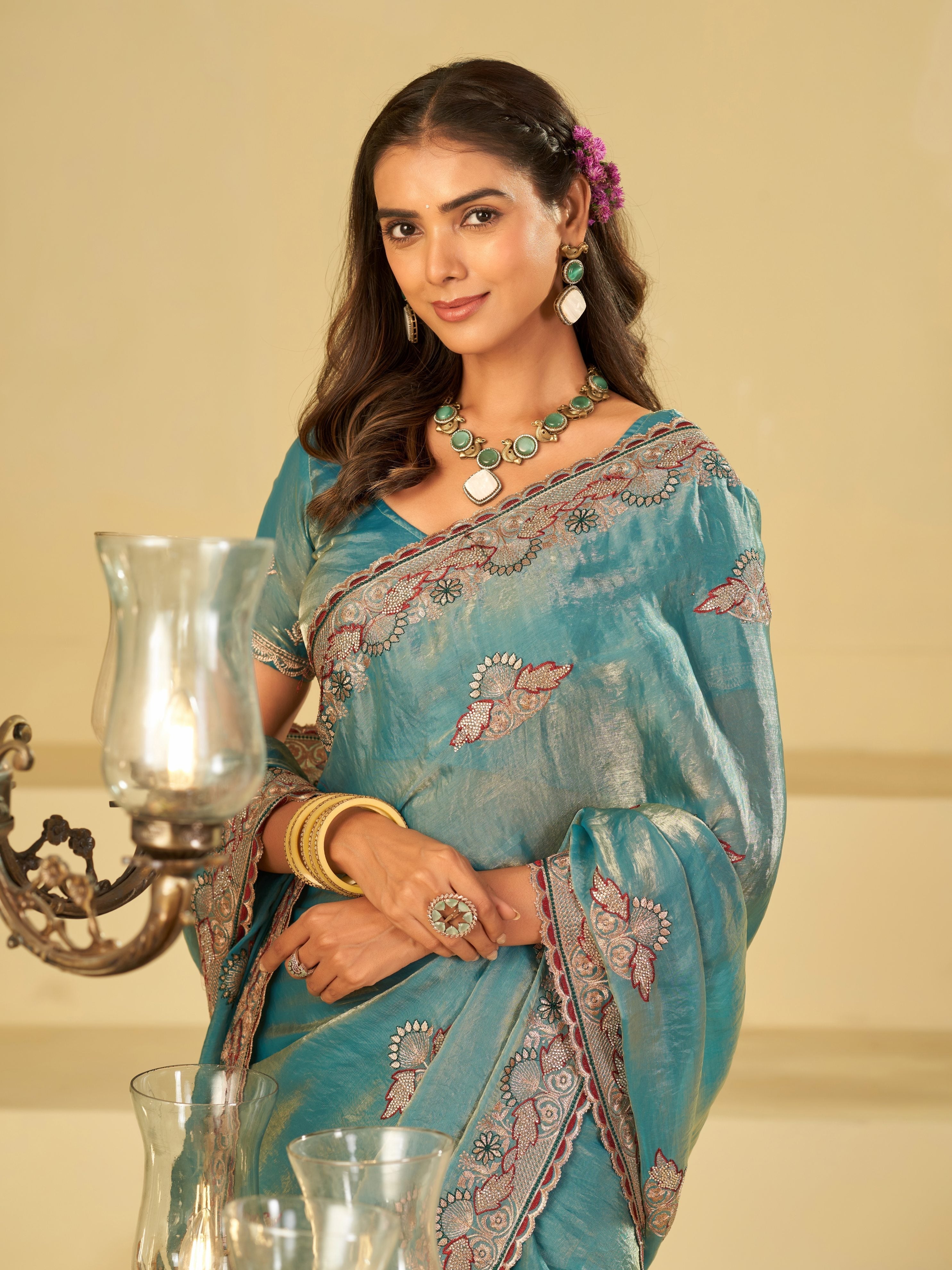 Sky Blue Designer Fendy Satin Saree with Floral Embroidered Border & Elegant Thread Work | Premium Festive Party Wear Saree