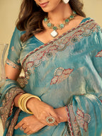 Sky Blue Designer Fendy Satin Saree with Floral Embroidered Border & Elegant Thread Work | Premium Festive Party Wear Saree