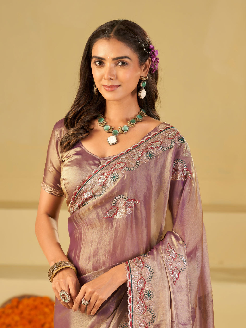 Lavender Designer Fendy Satin Saree with Floral Embroidered Border & Elegant Thread Work | Premium Festive Party Wear Saree