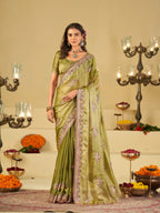 Olive Green Designer Fendy Satin Saree with Floral Embroidered Border & Elegant Thread Work | Premium Festive Party Wear Saree
