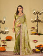 Olive Green Designer Fendy Satin Saree with Floral Embroidered Border & Elegant Thread Work | Premium Festive Party Wear Saree