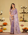 Lavender Premium Fendy Satin Saree with Floral Embroidered Border & Elegant Designer Thread Work | Festive Party Wear Saree