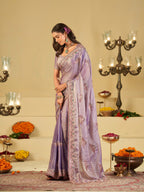 Lavender Premium Fendy Satin Saree with Floral Embroidered Border & Elegant Designer Thread Work | Festive Party Wear Saree