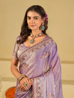 Lavender Premium Fendy Satin Saree with Floral Embroidered Border & Elegant Designer Thread Work | Festive Party Wear Saree