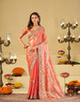 Coral Peach Designer Fendy Satin Saree with Floral Embroidered Border & Elegant Thread Work | Premium Festive Party Wear Saree