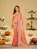 Peach Designer Fendy Satin Saree with Floral Embroidered Border & Elegant Thread Work | Premium Festive Party Wear Saree
