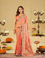 Peach Designer Fendy Satin Saree with Floral Embroidered Border & Elegant Thread Work | Premium Festive Party Wear Saree