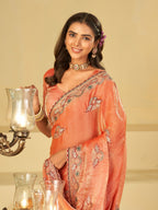 Peach Designer Fendy Satin Saree with Floral Embroidered Border & Elegant Thread Work | Premium Festive Party Wear Saree