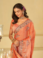 Peach Designer Fendy Satin Saree with Floral Embroidered Border & Elegant Thread Work | Premium Festive Party Wear Saree
