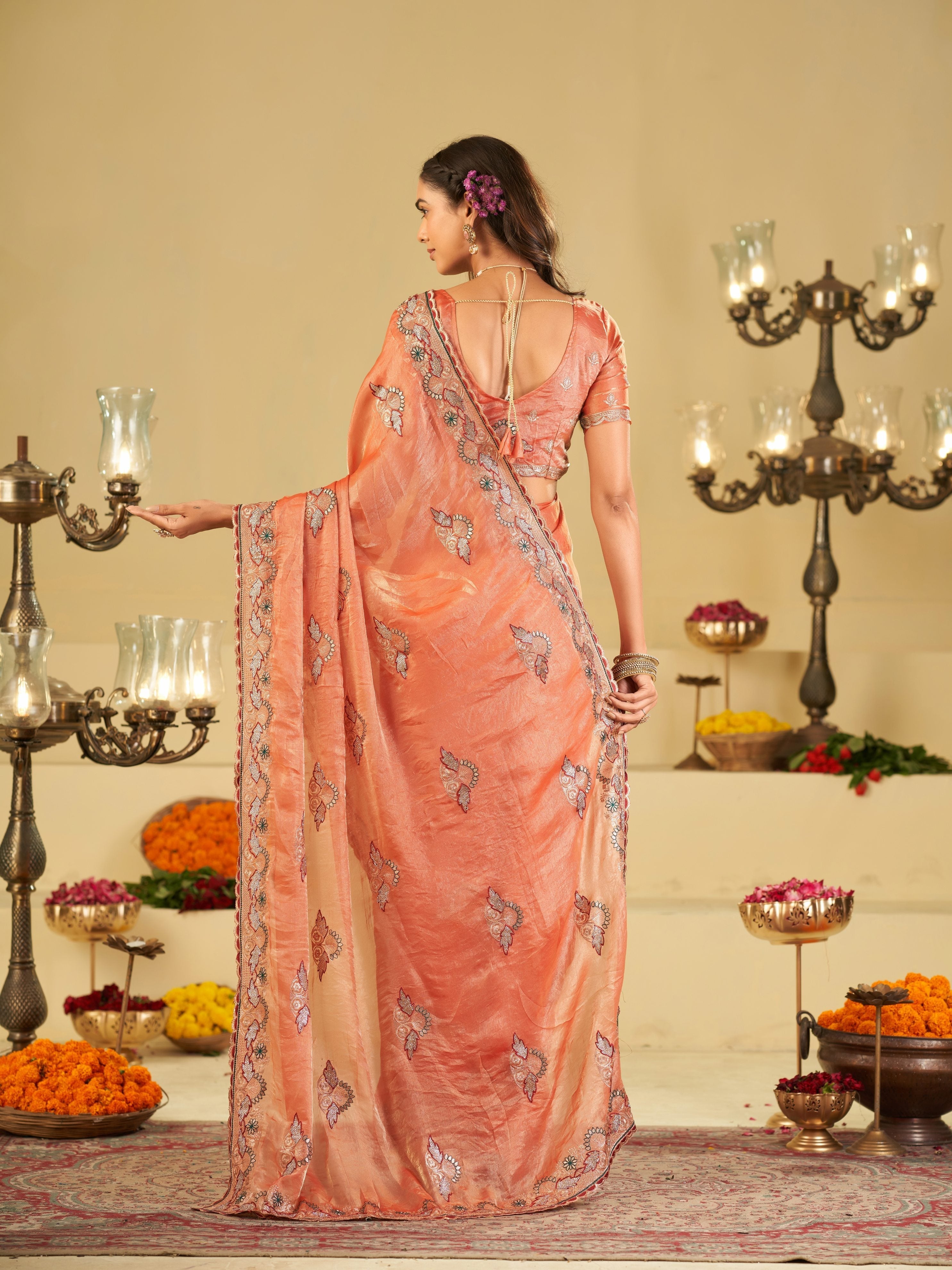 Peach Designer Fendy Satin Saree with Floral Embroidered Border & Elegant Thread Work | Premium Festive Party Wear Saree