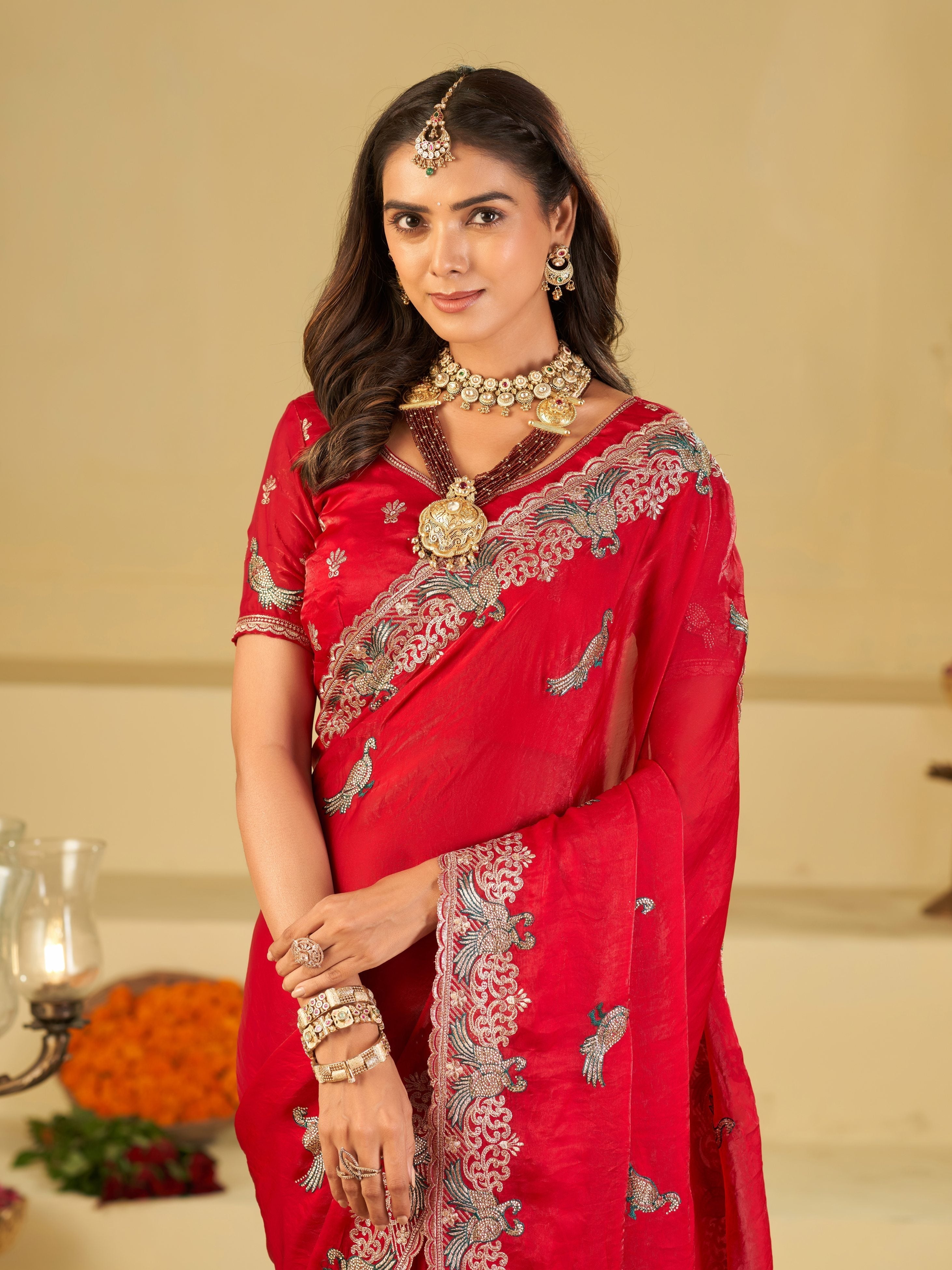 Rani Pink Designer Fendy Satin Saree with Peacock Embroidery & Heavy Embroidered Border | Premium Festive Wedding Wear Saree