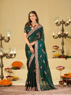 Emerald Green Designer Fendy Satin Saree with Peacock Embroidery & Heavy Embroidered Border | Premium Festive Party Wear Saree