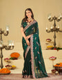 Emerald Green Designer Fendy Satin Saree with Peacock Embroidery & Heavy Embroidered Border | Premium Festive Party Wear Saree