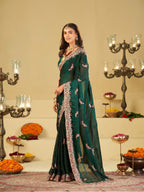 Emerald Green Designer Fendy Satin Saree with Peacock Embroidery & Heavy Embroidered Border | Premium Festive Party Wear Saree