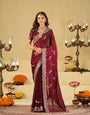 Maroon Designer Fendy Satin Saree with Peacock Embroidery & Heavy Embroidered Border | Premium Festive Wedding Wear Saree