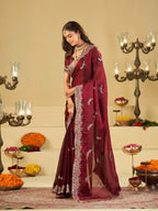 Maroon Designer Fendy Satin Saree with Peacock Embroidery & Heavy Embroidered Border | Premium Festive Wedding Wear Saree