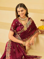 Maroon Designer Fendy Satin Saree with Peacock Embroidery & Heavy Embroidered Border | Premium Festive Wedding Wear Saree