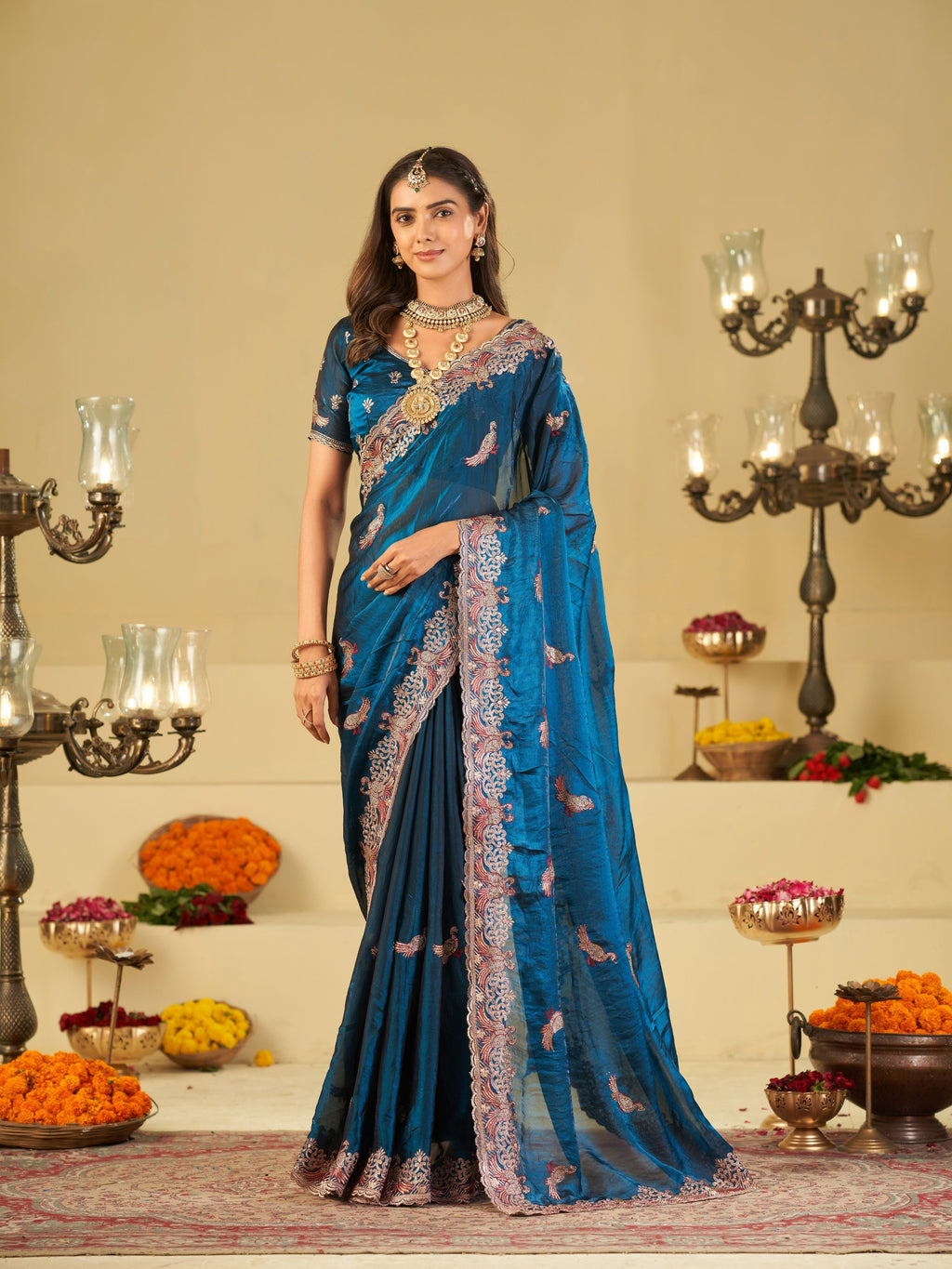 Royal Blue Designer Fendy Satin Saree with Peacock Embroidery & Heavy Embroidered Border | Premium Festive Wedding Wear Saree