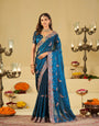 Royal Blue Designer Fendy Satin Saree with Peacock Embroidery & Heavy Embroidered Border | Premium Festive Wedding Wear Saree