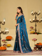 Royal Blue Designer Fendy Satin Saree with Peacock Embroidery & Heavy Embroidered Border | Premium Festive Wedding Wear Saree
