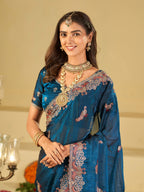 Royal Blue Designer Fendy Satin Saree with Peacock Embroidery & Heavy Embroidered Border | Premium Festive Wedding Wear Saree