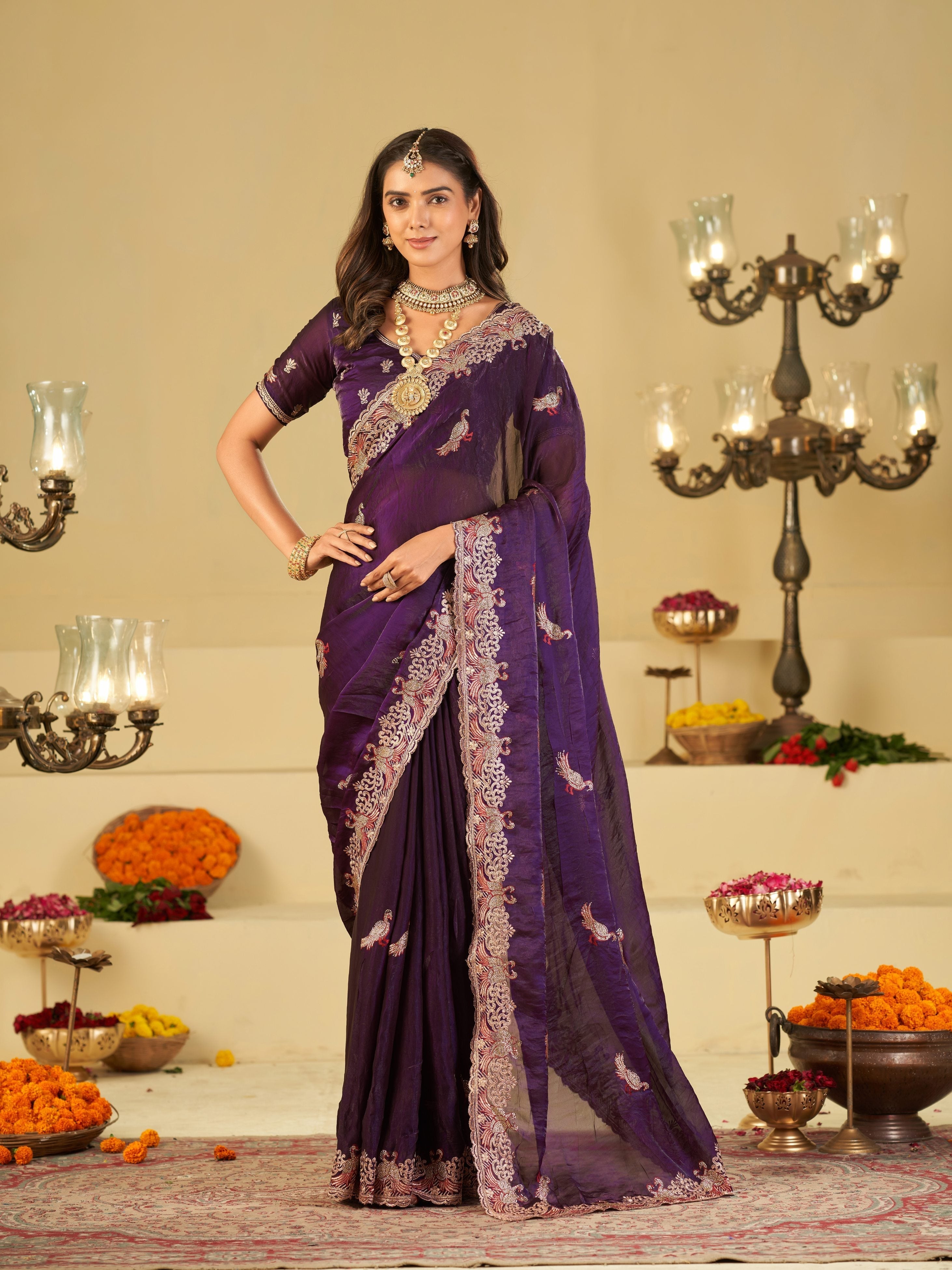 Royal Purple Designer Fendy Satin Saree with Peacock Embroidery & Heavy Embroidered Border | Premium Wedding Party Wear Saree
