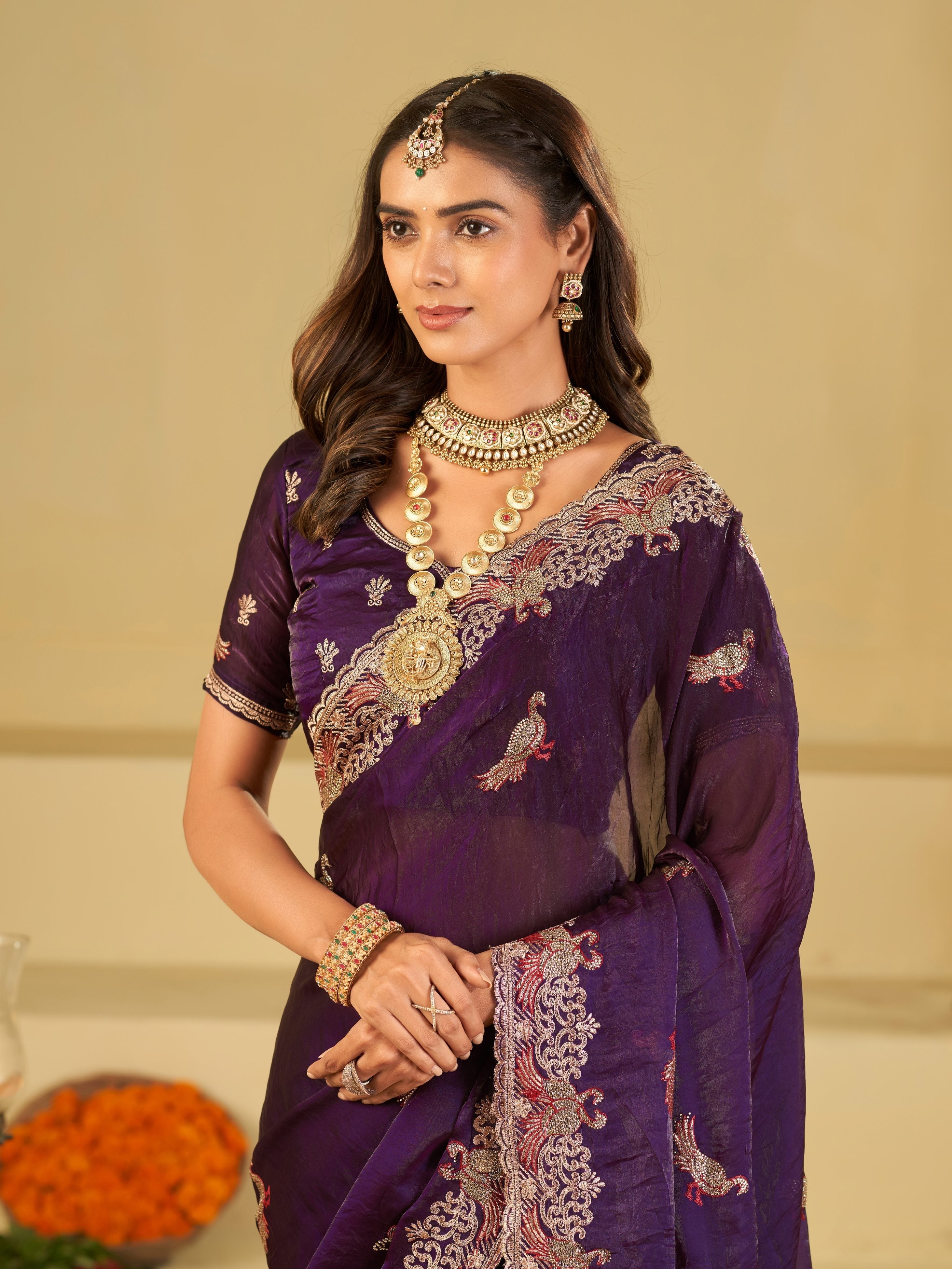 Royal Purple Designer Fendy Satin Saree with Peacock Embroidery & Heavy Embroidered Border | Premium Wedding Party Wear Saree