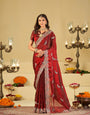 Wine Red Designer Fendy Satin Saree with Peacock Embroidery & Heavy Floral Embroidered Border | Premium Wedding Festive Wear Saree
